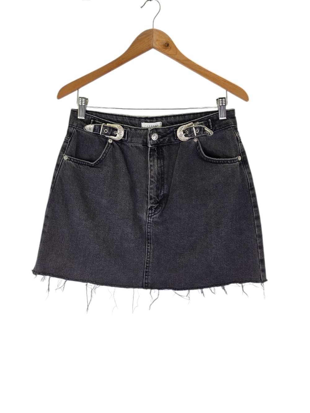 Topshop Black Denim Western Cowgirl Silver Buckle Mini Cotton Denim Skirt Size 8